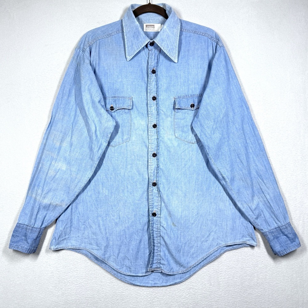 Vintage 70s Montgomery Ward Chambray Shirt Mens Large Dagger Collar Utility Work